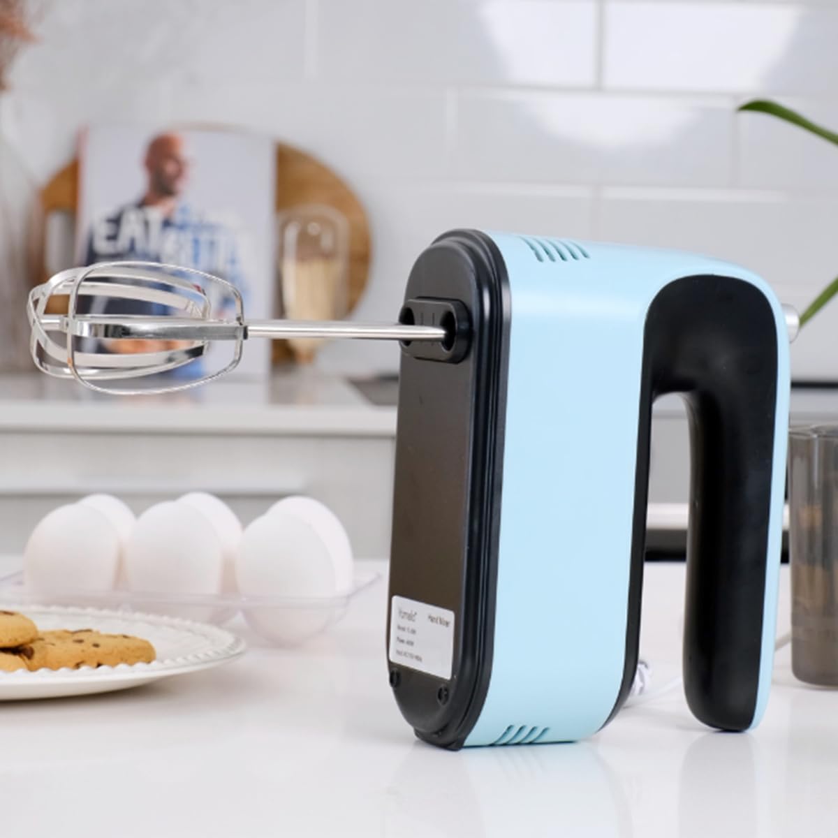 9-Speed Digital Hand Mixer Electric, 400W Powerful DC Motor, Baking Handheld with Snap-On Storage Case, 5 Stainless Steel Accessories, Flat Beaters, Dough Hooks, Whisk(Ice Blue/Black)