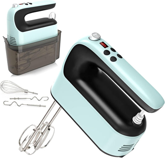 9-Speed Digital Hand Mixer Electric, 400W Powerful DC Motor, Baking Handheld with Snap-On Storage Case, 5 Stainless Steel Accessories, Flat Beaters, Dough Hooks, Whisk(Ice Blue/Black)