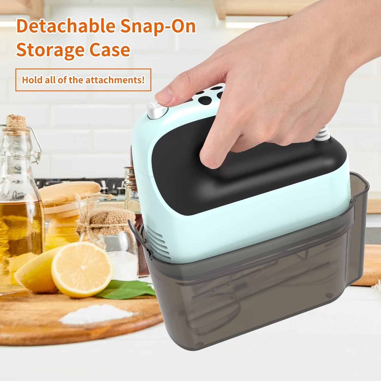 9-Speed Digital Hand Mixer Electric, 400W Powerful DC Motor, Baking Handheld with Snap-On Storage Case, 5 Stainless Steel Accessories, Flat Beaters, Dough Hooks, Whisk(Ice Blue/Black)