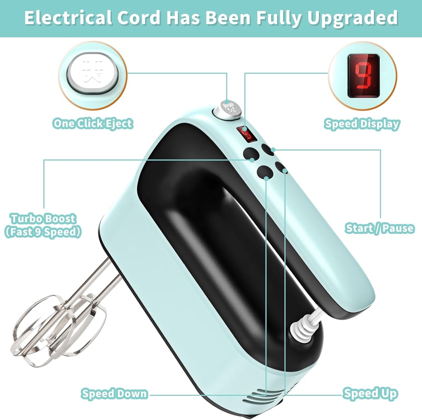 9-Speed Digital Hand Mixer Electric, 400W Powerful DC Motor, Baking Handheld with Snap-On Storage Case, 5 Stainless Steel Accessories, Flat Beaters, Dough Hooks, Whisk(Ice Blue/Black)